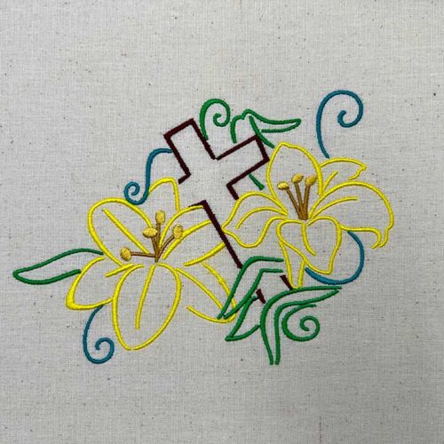 Lilies with bible and cross embroidery design