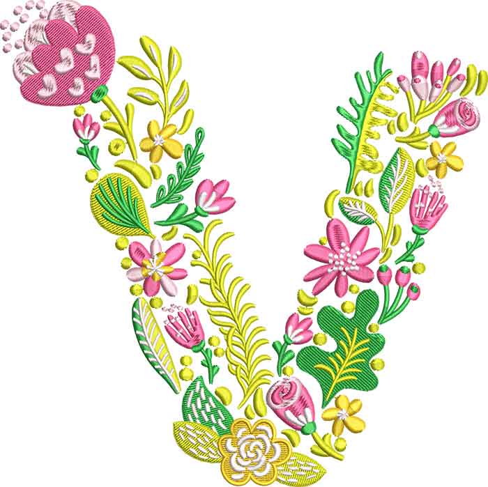 V | Embroidery Legacy Summer Flowers Font V embroidery design