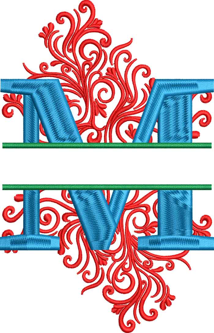 Split-Swirls-M | Embroidery Legacy split swirls monogram M embroidery design