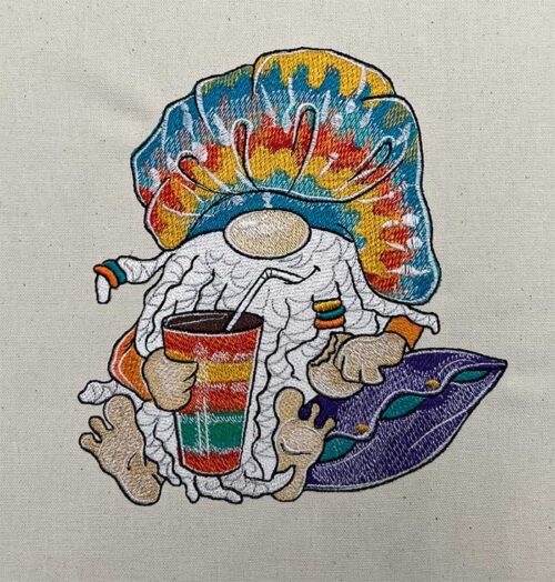 Hippie Gnome With Holding Drink Embroidery Design