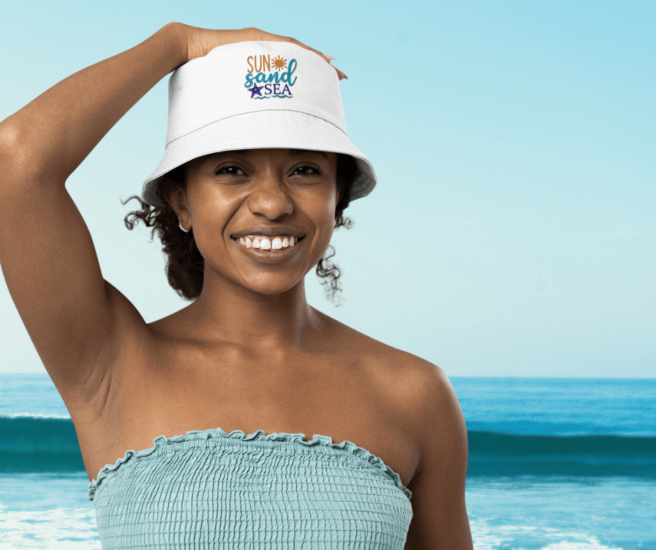 lady at beach embroidered bucket hat