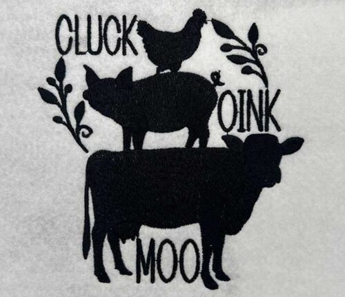 Embroidery Design: Cluck Oink Moo – 4.72 x 5.00
