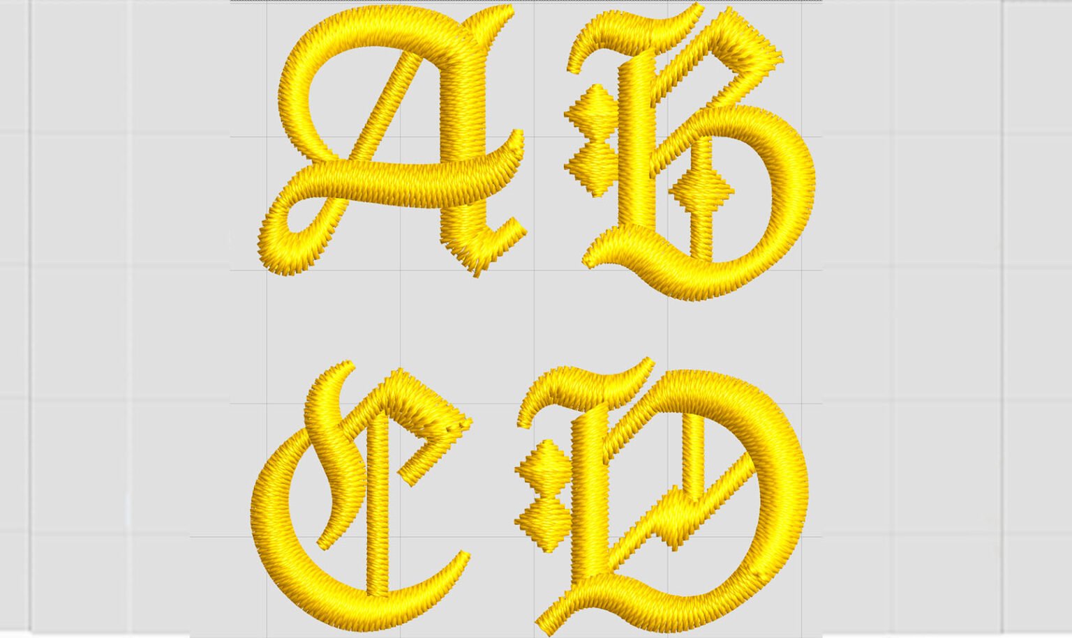 Embroidered satin-stitch alphabet letters A to D in yellow thread on a grid background