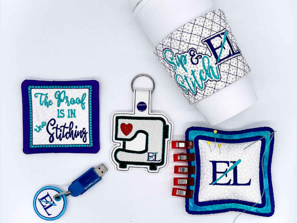 Various Embroidery Legacy DIY projects including mug rug, pin cushion, keychain attachements and more