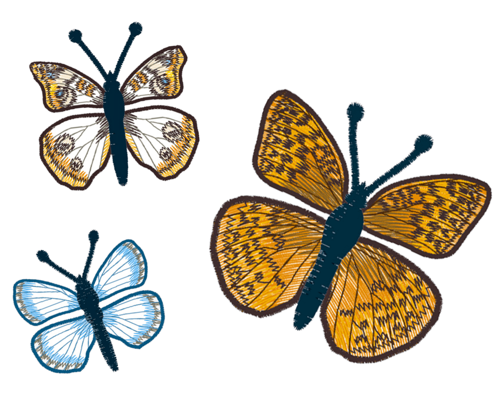 Three digitized butterfly embroidery designs