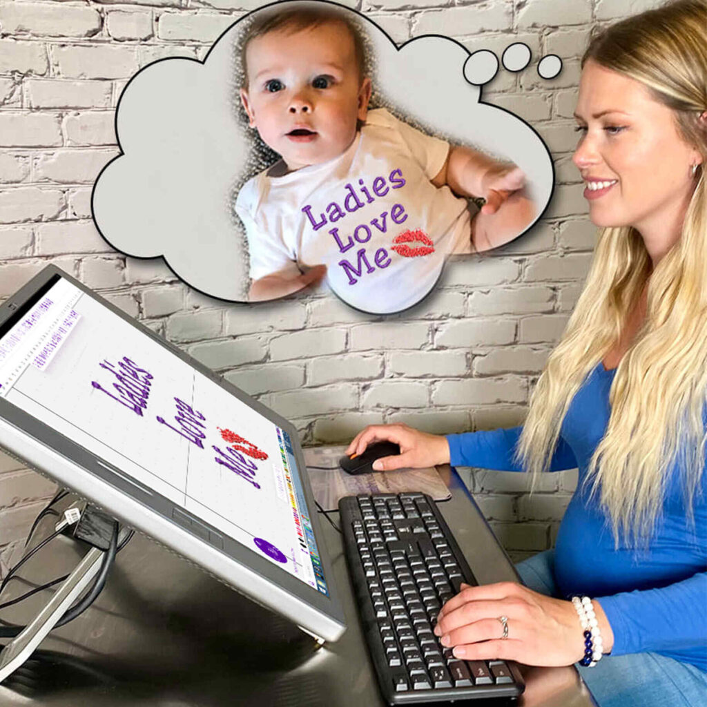 Woman digitizing an embroidery design for a baby using embroidery digitizing software