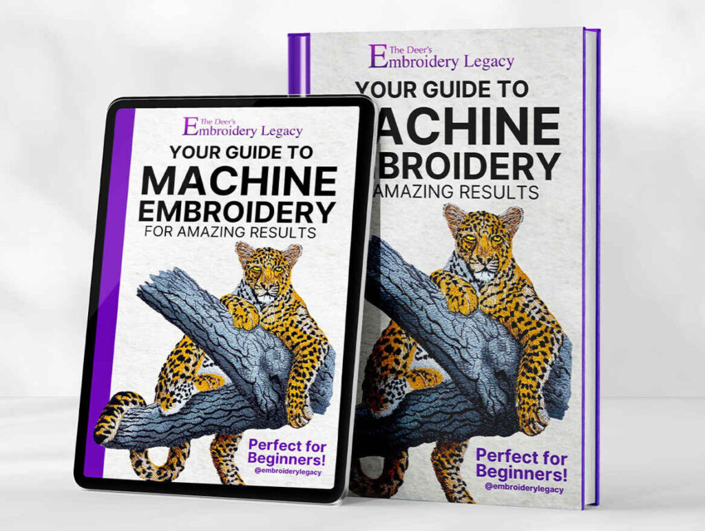 Embroidery for beginners e-book on a tablet beside a printed version