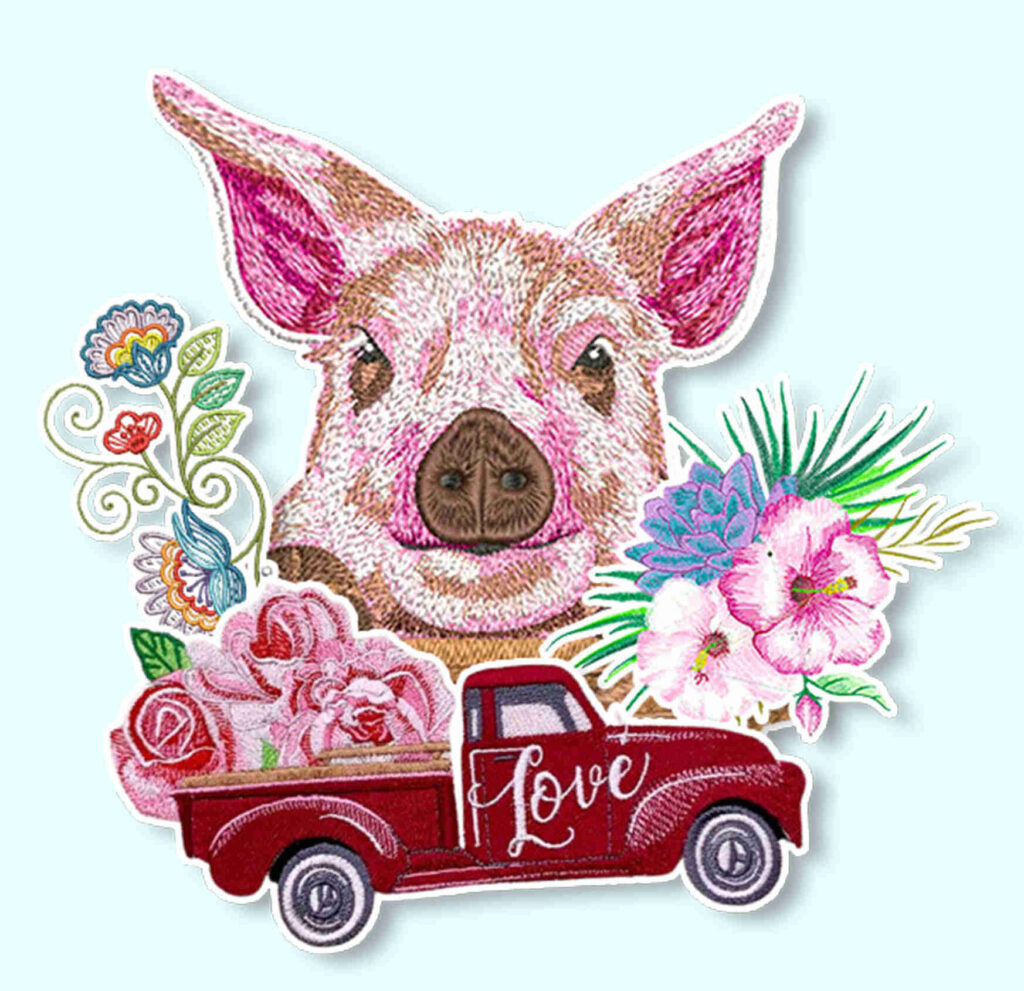 Embroidery Legacy Design Club design collage with pig, truck and flower designs