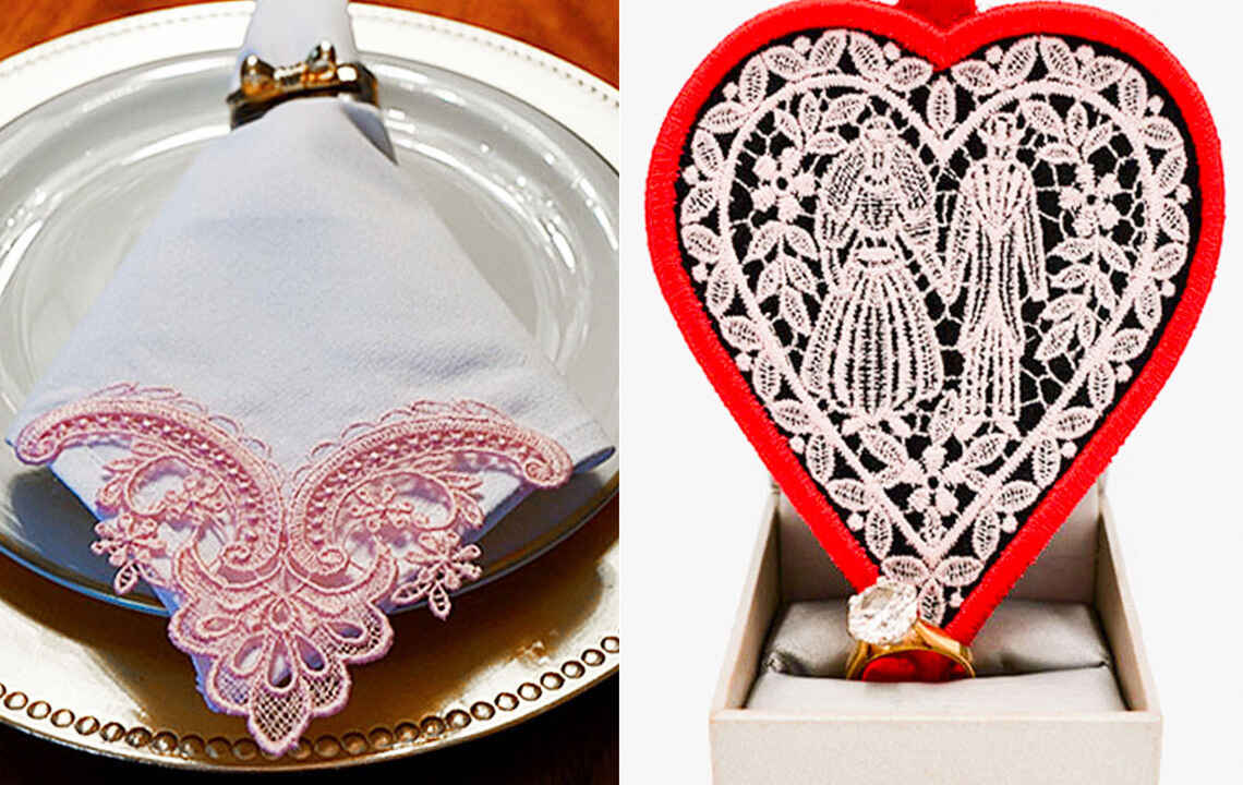 Free standing lace embroidered on napkin and wedding charm