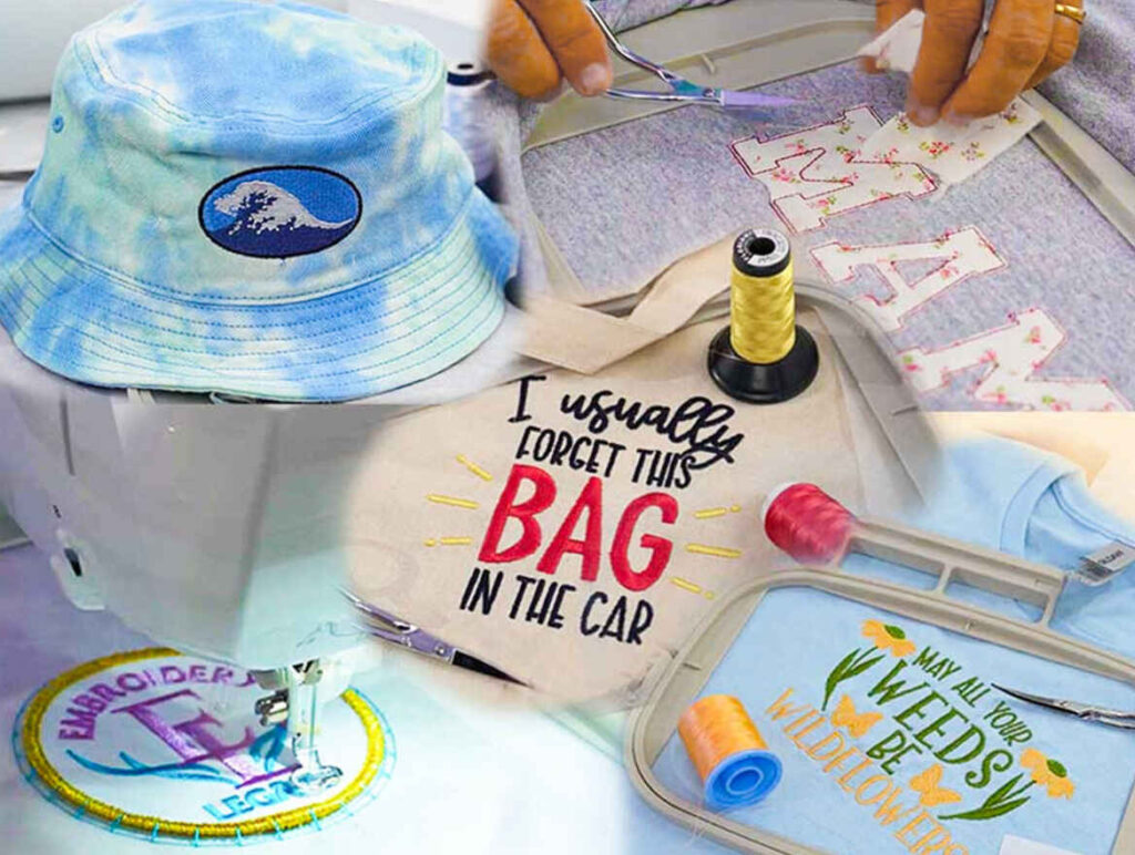 A combination of the projects taught in the how to embroidery anything series 
