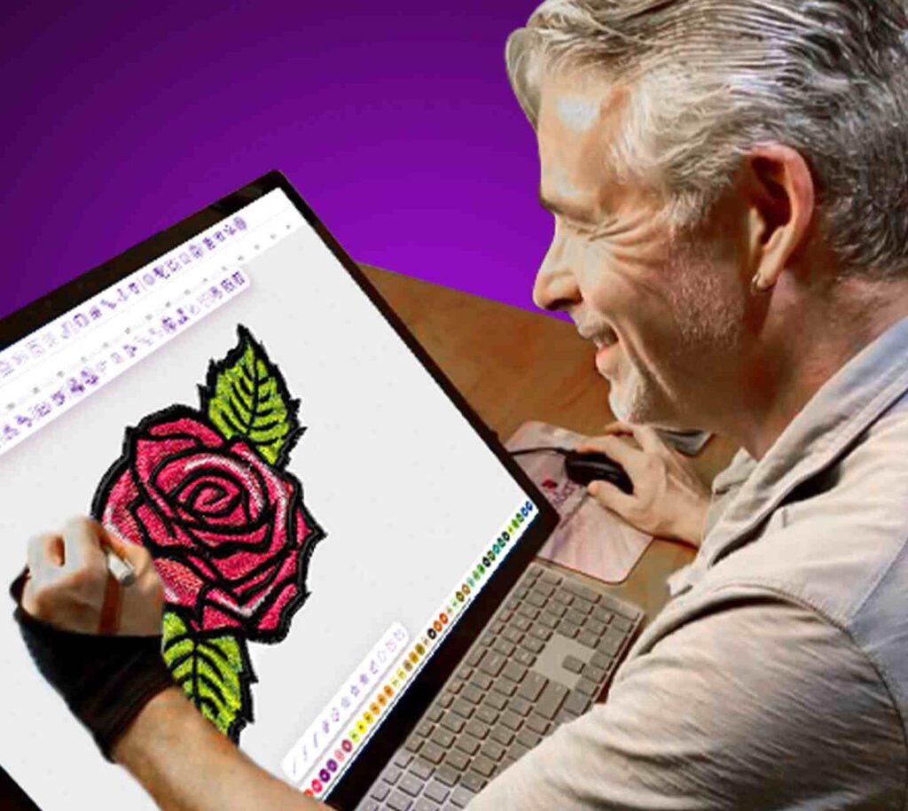 John Deer digitizing quality machine embroidery designs on a computer screen