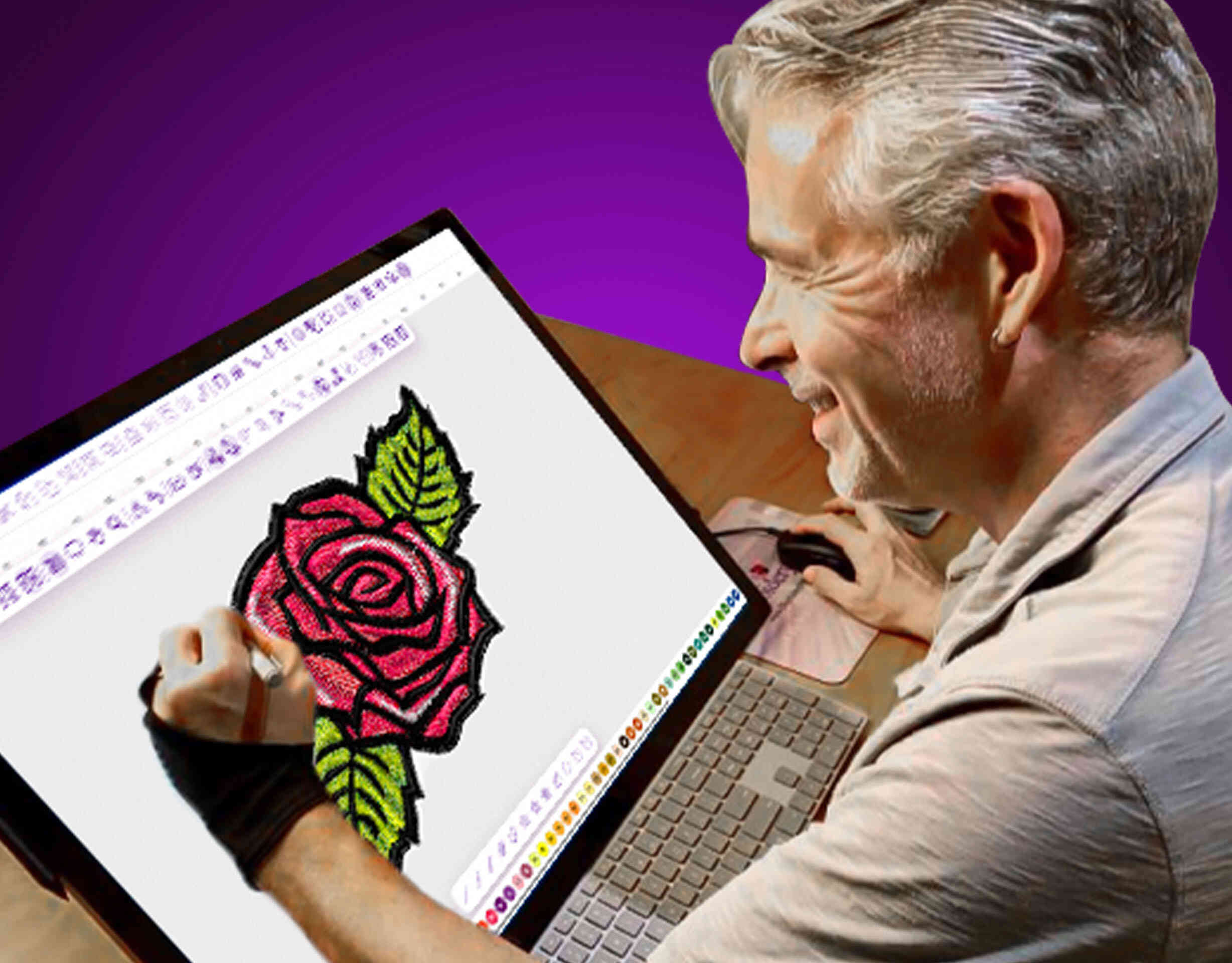 John Deer digitizing quality machine embroidery designs on a computer screen