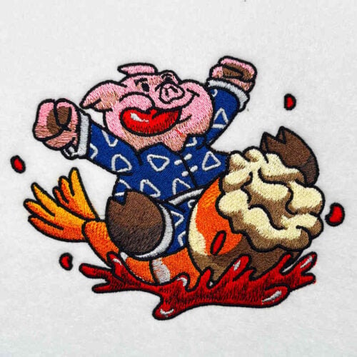 Pig rides a shrimp embroidery design