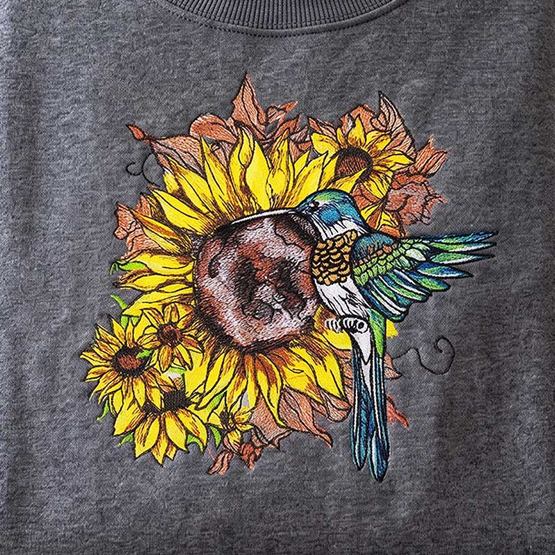 EL-SunFlower2_Sweatshirt | Embroidery Legacy sunflower hummingbird sweatshirt