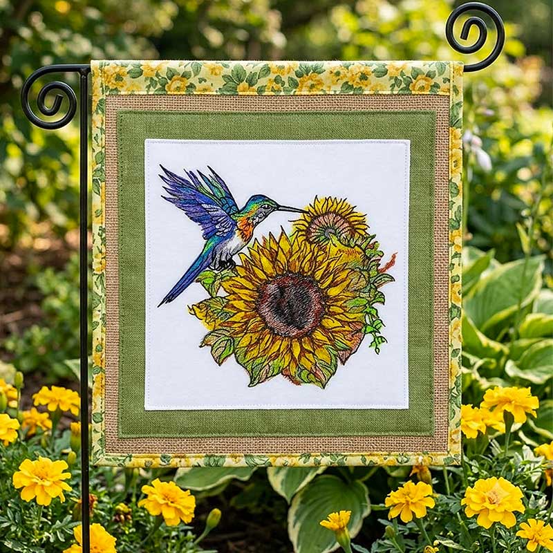 EL-SunFlower4_GardenFlag | Embroidery Legacy Sunflower hummingbird garden flag