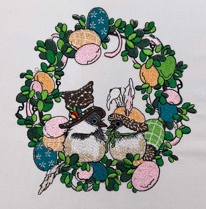 EasterChickadeeWreath | Embroidery Legacy Easter chickadee wreath embroidery design