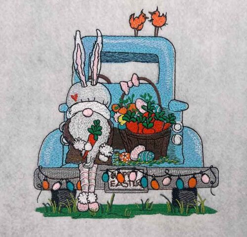 easter gnome blue truck embroidery design