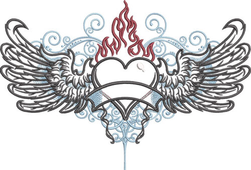 Flame Heart Wings Applique Embroidery Design