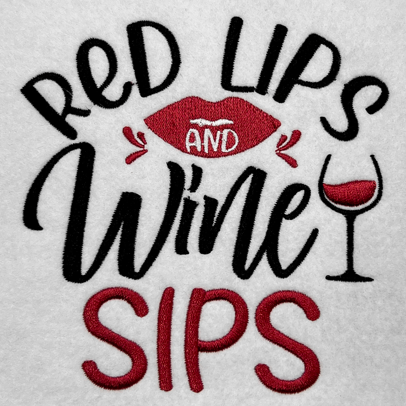 red lips wine sips embroidery design