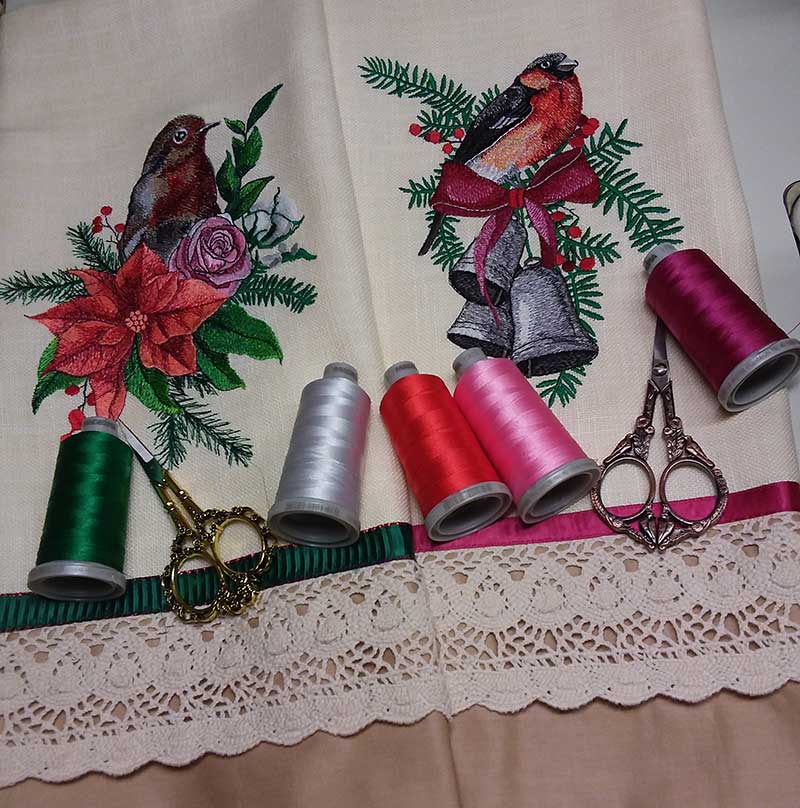 JurisK-birdtowels | Embroidery Legacy Bullfinch bells sew out