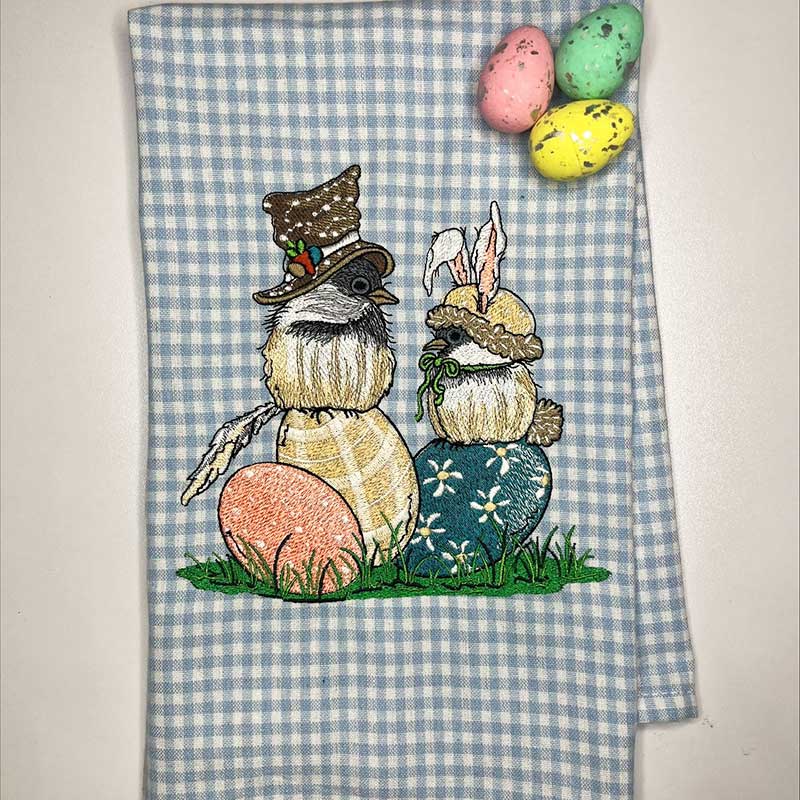 eastereggschcickadeetowel | Embroidery Legacy easter bunny chickadee towel