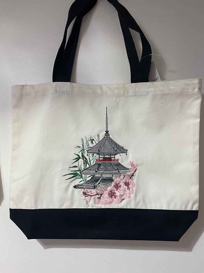 okinawapagodawithcherryblossoms-jonathanm | Embroidery Legacy Okinawa temple bag