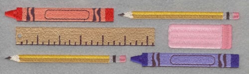 Embroidery Design: Crayon Pencil Ruler Eraser Border<br>1.92h X 7.50w