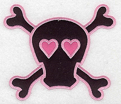 Embroidery Design: Pink Skull with cross bones large double applique<br> 5.73w X 4.97h