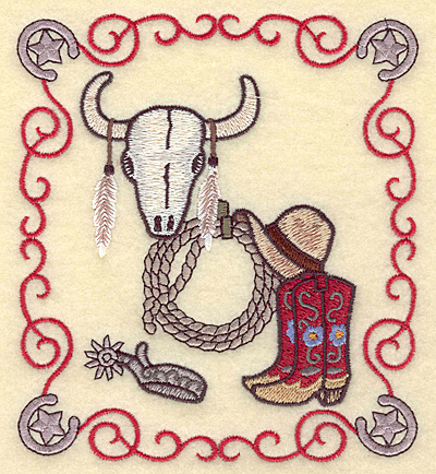 Embroidery Design: Western scene with longhorn skull and swirls<br> 4.95w X 5.57h