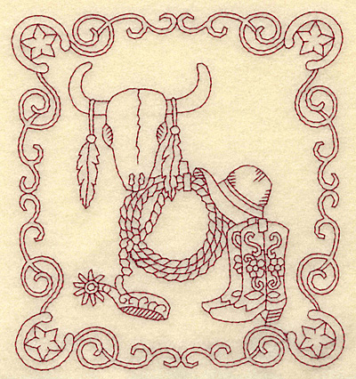 Embroidery Design: Redwork western scene with longhorn skull and swirls<br> 4.94w X 5.40h