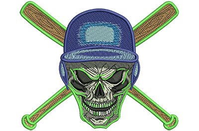 Embroidery Design: Baseball Skull With Bats Lg<br> 4.54w X 3.74h