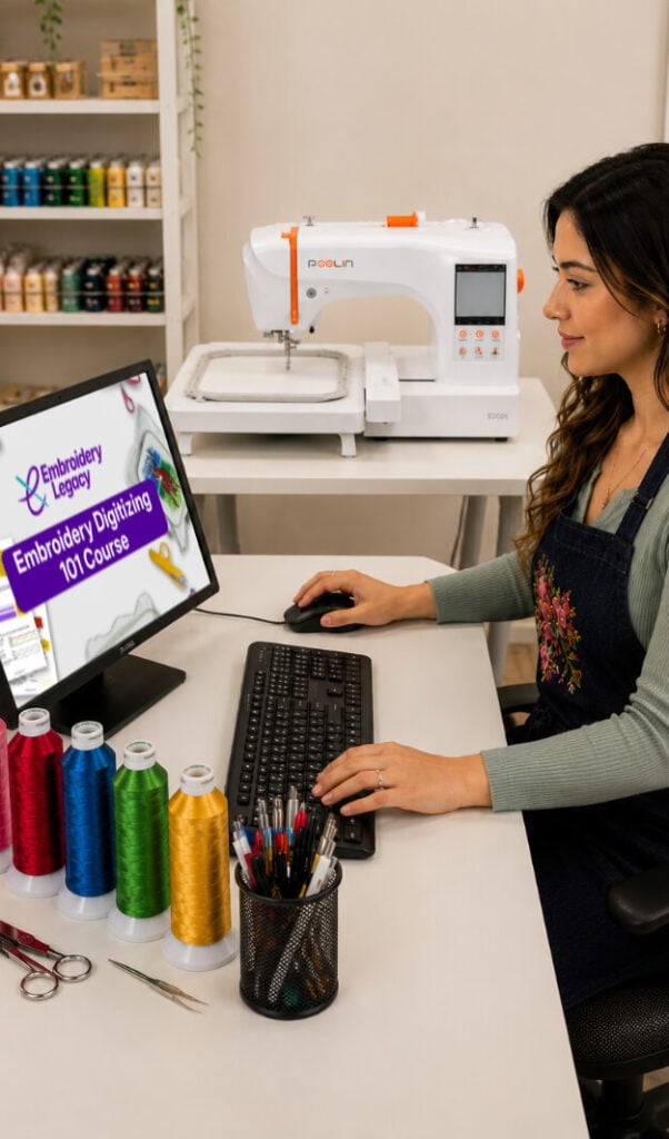 embroidery-digitizing-101-course-beginner-workstation-mobile | Embroidery Legacy Woman at a craft desk uses a computer to learn embroidery digitizing while a white embroidery machine sits on the table nearby, surrounded by colorful thread spools (mobile version).