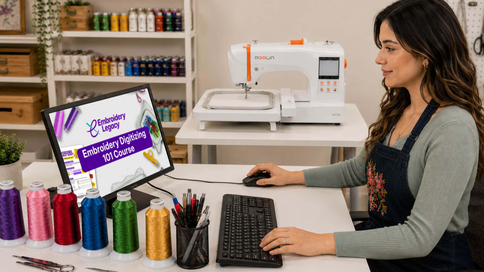 embroidery-digitizing-101-course-beginner-workstation | Embroidery Legacy Woman at a craft desk uses a computer to learn embroidery digitizing while a white embroidery machine sits on the table nearby, surrounded by colorful thread spools (desktop version).
