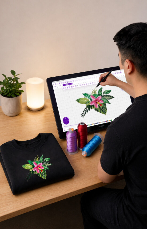embroidery-digitizing-software-floral-design-workflow-mobile | Embroidery Legacy A man embroidery digitizing a pink and green floral embroidery design on a tablet with a stylus, surrounded by colorful thread spools on a wooden desk (mobile version)