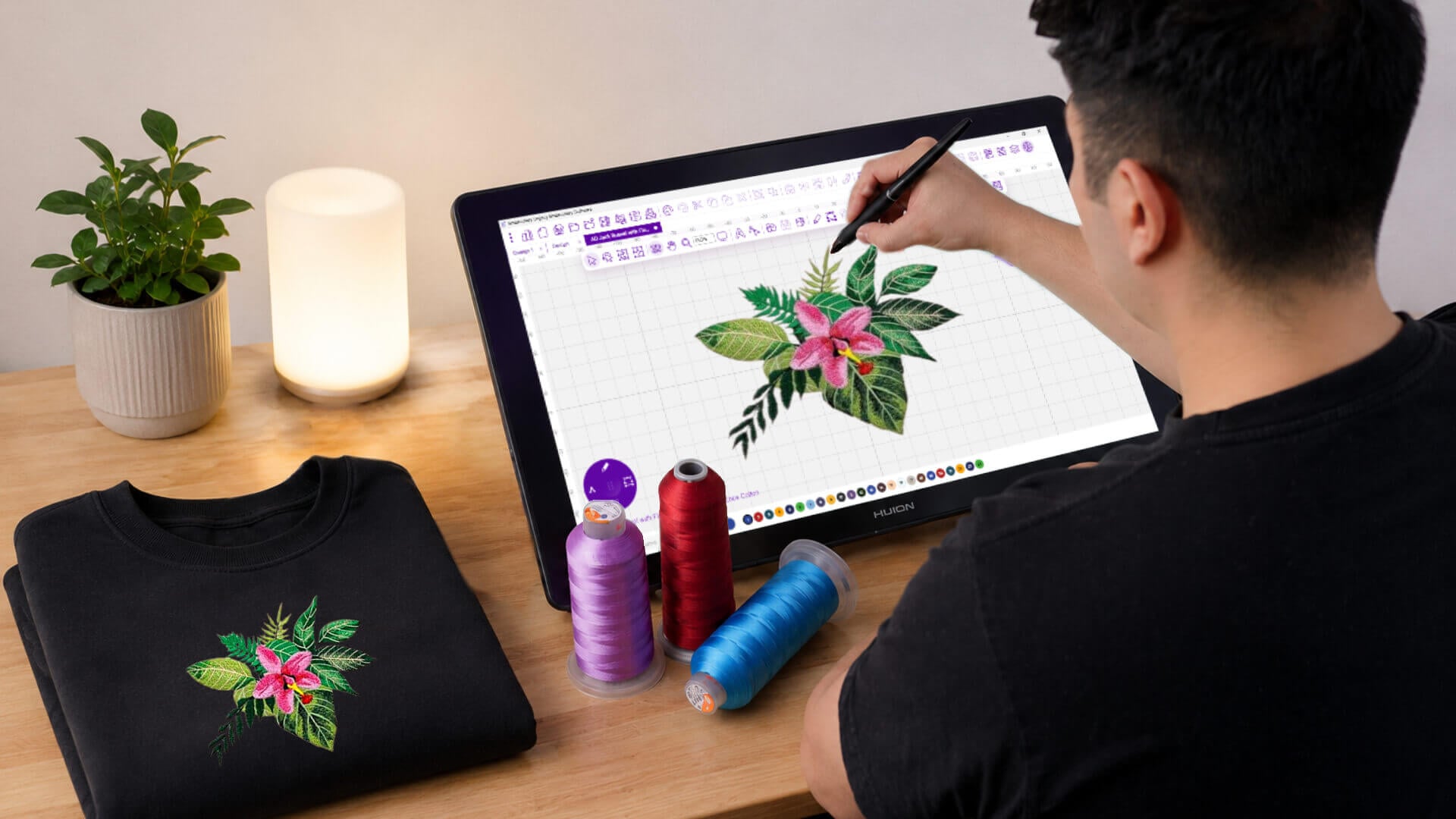 embroidery-digitizing-software-floral-design-workflow-desktop | Embroidery Legacy A man embroidery digitizing a pink and green floral embroidery design on a tablet with a stylus, surrounded by colorful thread spools on a wooden desk (desktop version)
