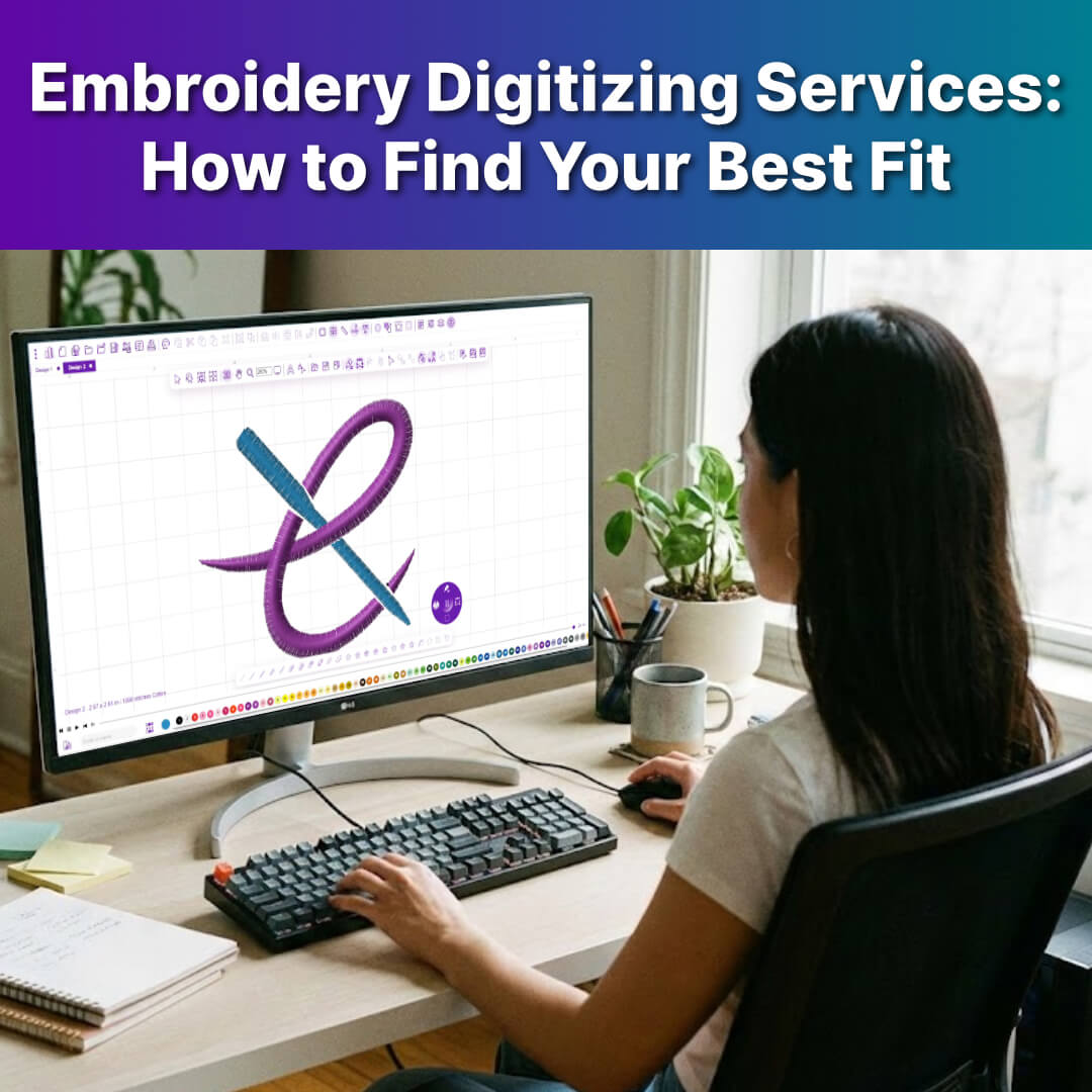 Person using embroidery legacy digitizing software on a computer, with a large stitch-preview design on screen and the blog title ‘Embroidery Digitizing Services: How to Find Your Best Fit’ displayed above.