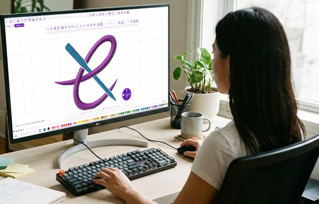 Person using embroidery digitizing software on a desktop computer, viewing a large stitch-outline design on screen in a home workspace. 