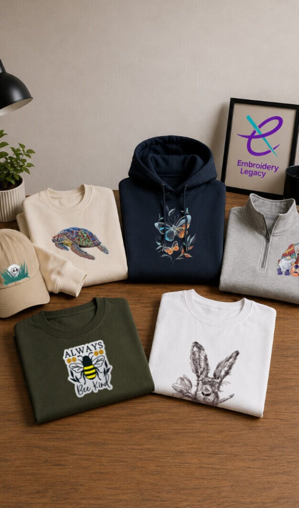 machine-embroidery-design-examples-on-garments-mobile | Embroidery Legacy Collection of machine embroidery designs stitched on hoodies, shirts, and hats displayed on a table