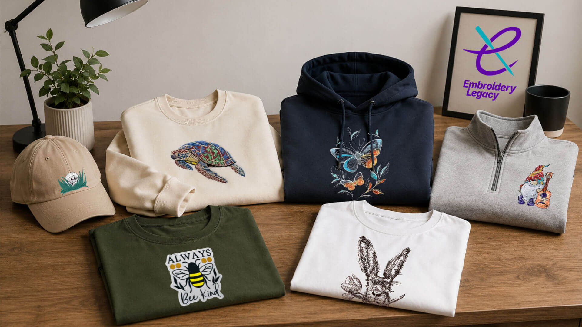 machine-embroidery-design-examples-on-garments | Embroidery Legacy assortment of embroidered casualwear on a wooden table: cream sweatshirt with turtle design, navy hoodie with butterfly florals, gray zip-neck sweatshirt with a bird illustration, white tee with rabbit print, olive green tee with bee kindness logo, beige cap, plant, lamp, and framed'Embroidery Legacy' poster in the background