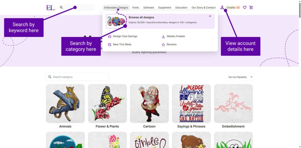 Design club navigation Embroidery Legacy Design Club Menu Navigation