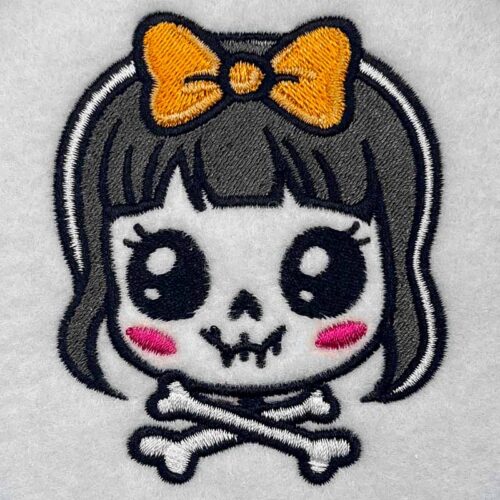 girl skull orange bow applique embroidery design