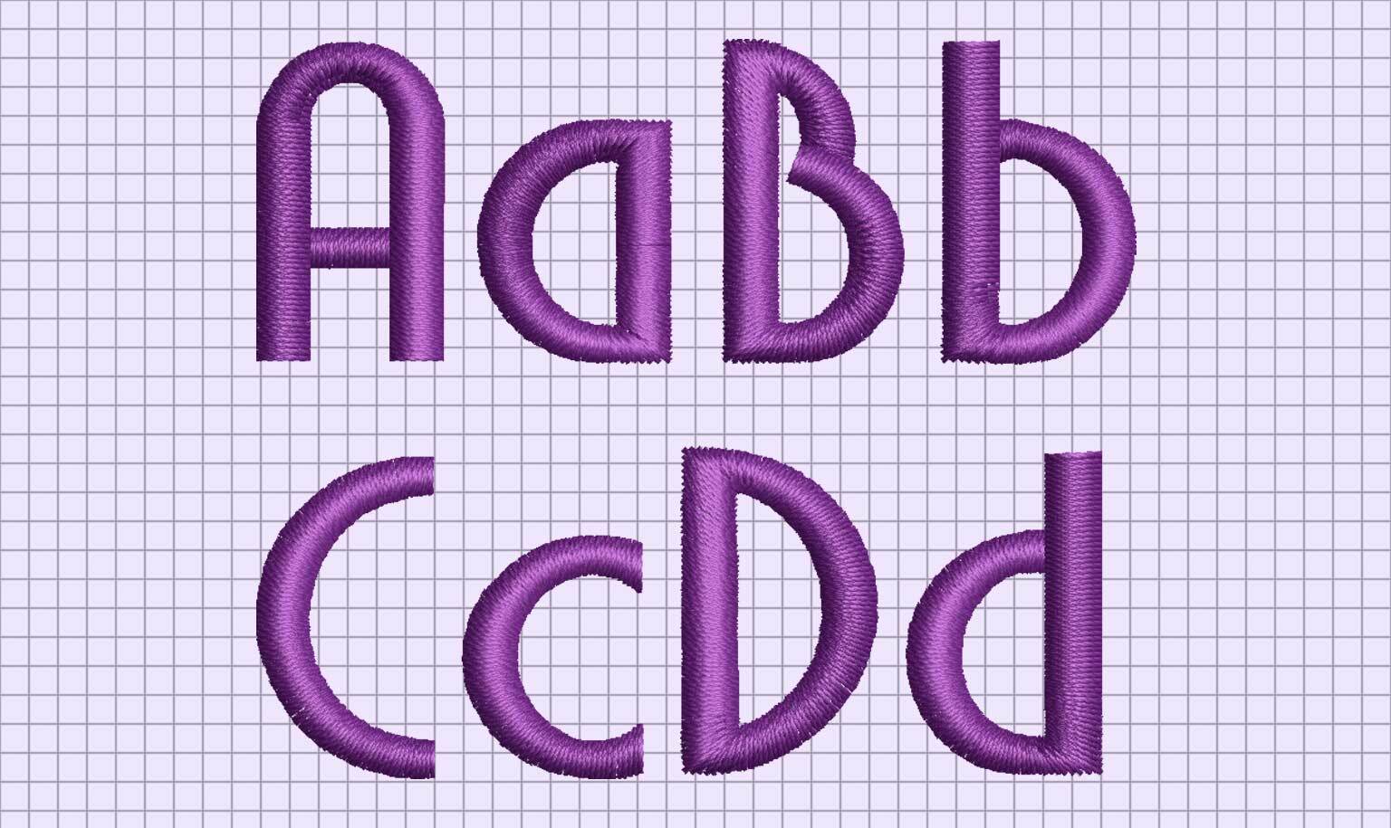 Embroidered satin-stitch alphabet letters A to D in purple thread on a grid background