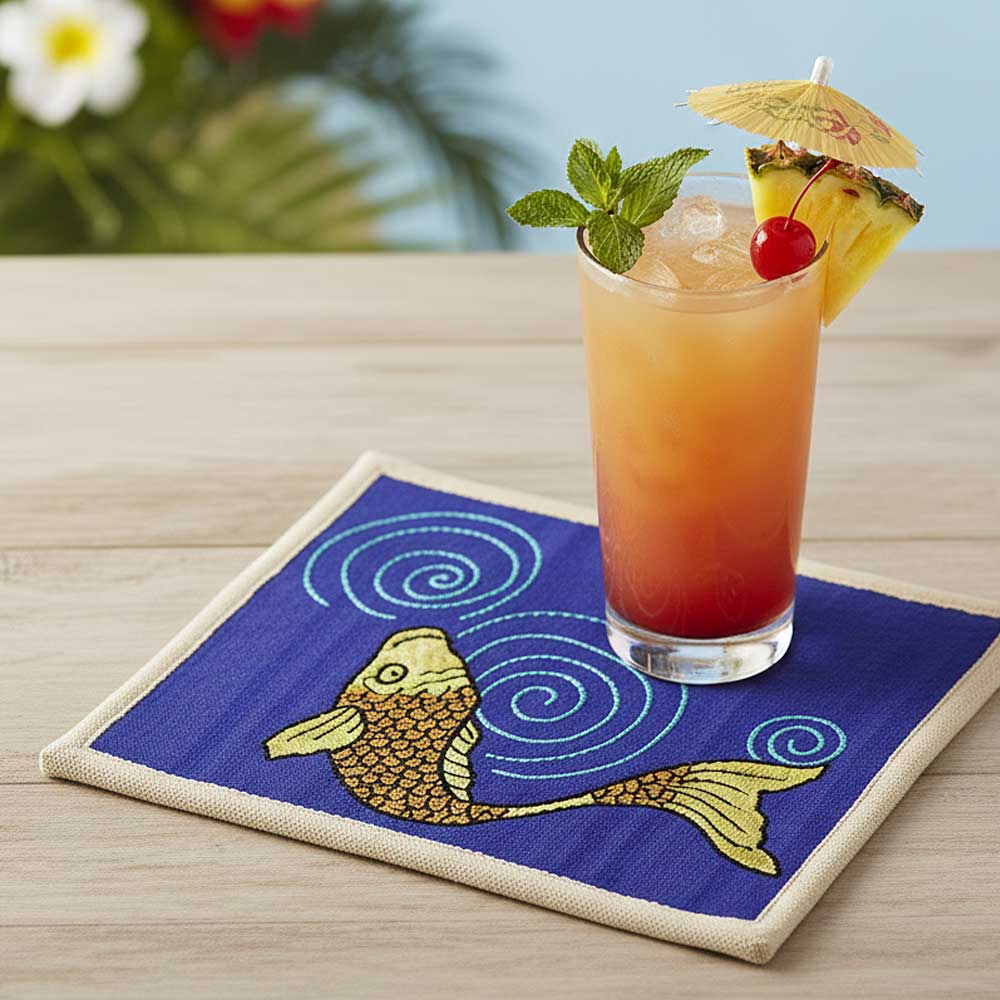 Koi embroidery design on coaster