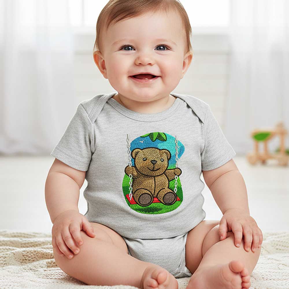 Cute teddy bear on swing embroidery design stitched on baby onsie