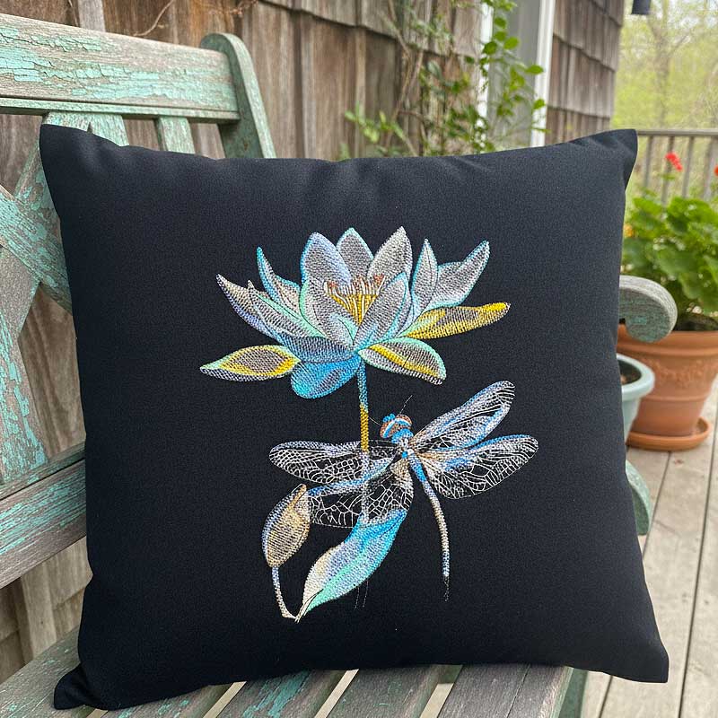 EL-Dragonfly-LillyCushion | Embroidery Legacy dragonfly lily cushion