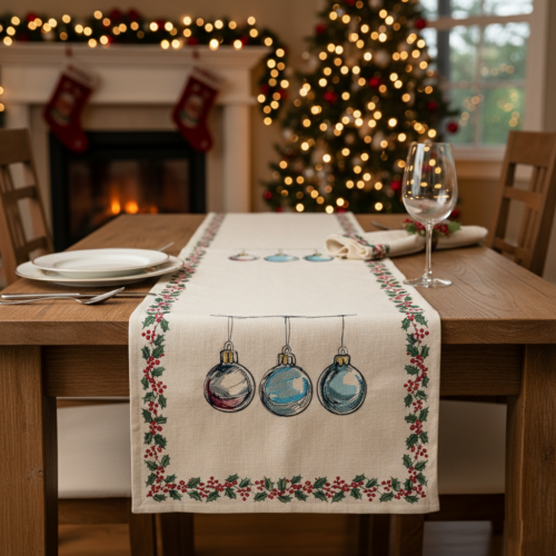 Christmas tree ornaments table runner