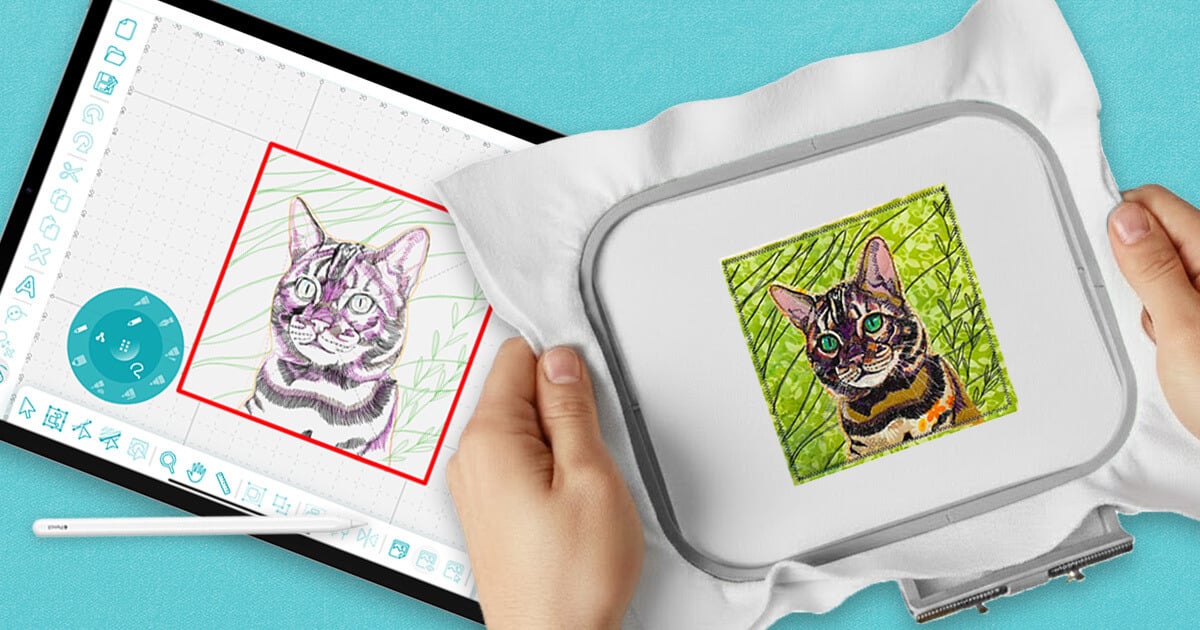 Digitized cat illustration shown on the Design Doodler software on an iPad alongside the finished embroidered cat design in a hoop