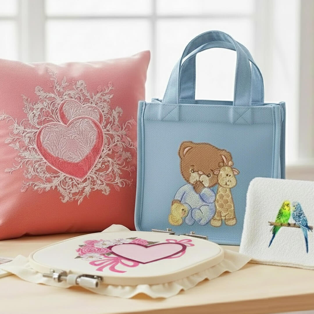 Embroidered home décor and gift projects including a heart pillow, tote bag, hoop art, and stitched bird towel