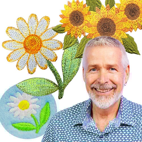 floral embroidery design, daisy and sunflowers, masterclass