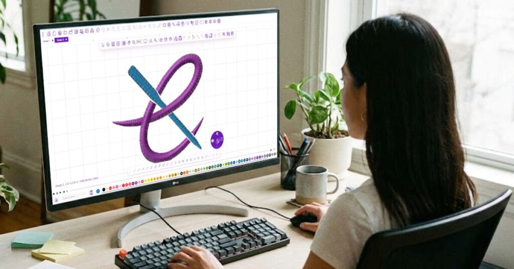 Person using embroidery digitizing software on a desktop computer, viewing a large stitch-outline design on screen in a home workspace.